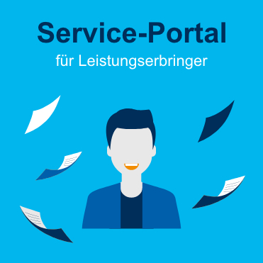 Zeichnung von Mann im Anzug, dazu Schrift "Service-Portal für Leistungserbringer"