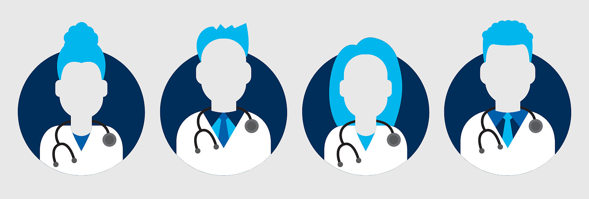 Zeichnung von vier Ärzt:innen mit blauen Haaren