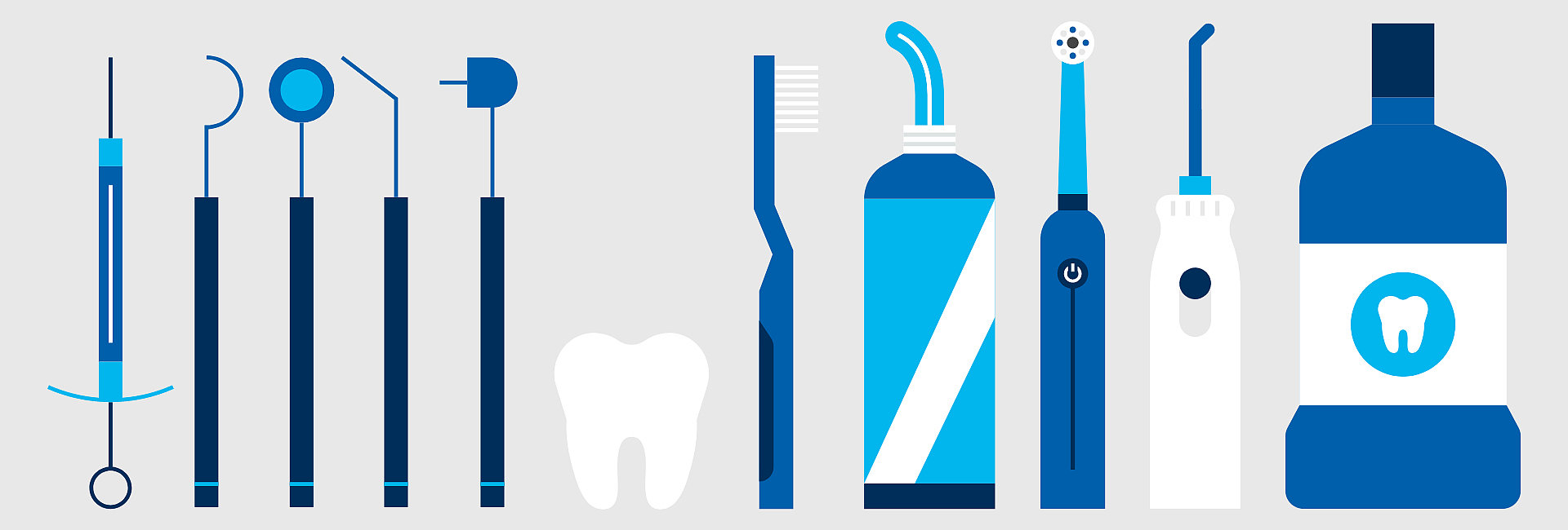 Zeichnung von verschiedenen zahnärztlichen Geräten nebeneinander aufgereiht