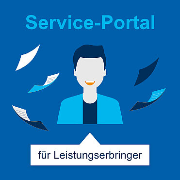 Zeichnung von Mann im Anzug, dazu Schrift "Service-Portal für Leistungserbringer""