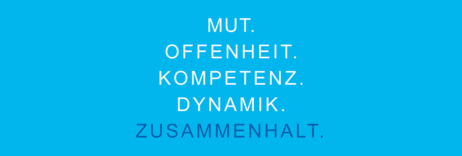 Grafik mit Schrift: Mut. Offenheit. Kompetenz. Dynamik. Zusammenhalt.