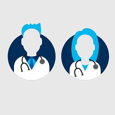 Zeichnung eines Arztes und einer Ärztin mit blauen Haaren