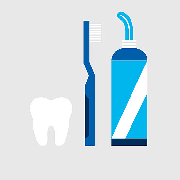 Zeichnung eines Zahns, einer Zahnbürste und Zahnpasta nebeneinander