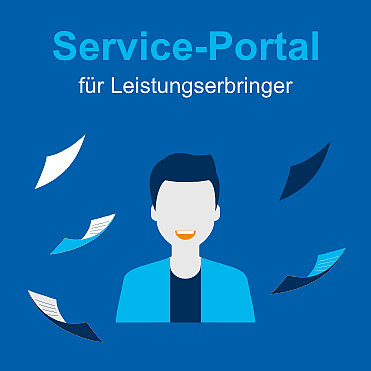 Zeichnung von Mann im Anzug, dazu Schrift "Service-Portal für Leistungserbringer"