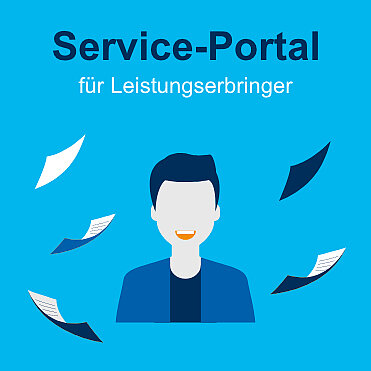 Zeichnung von Mann im Anzug, dazu Schrift "Service-Portal für Leistungserbringer"