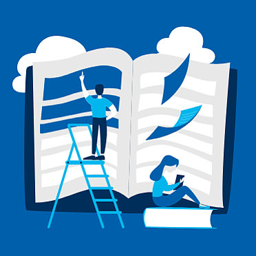 Zeichnung von Mann auf Leiter, der ein großes Buch liest, daneben Frau ein Buch lesend