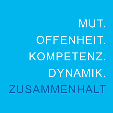 Grafik mit Schrift: Mut. Offenheit. Kompetenz. Dynamik. Zusammenhalt.