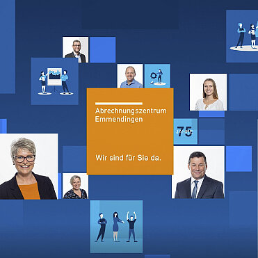 Grafik mit Mitarbeiterfotos und Schriftzug "wir sind für sie da"